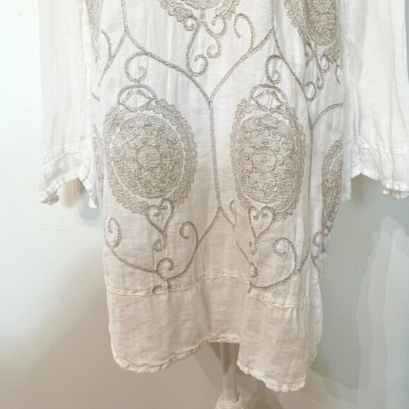 120% LINO WHITE LINEN SILVER GREY MEDALLION PRINT V-NECKLINE SHIFT TUNIC DRESS - Picture 6 of 12